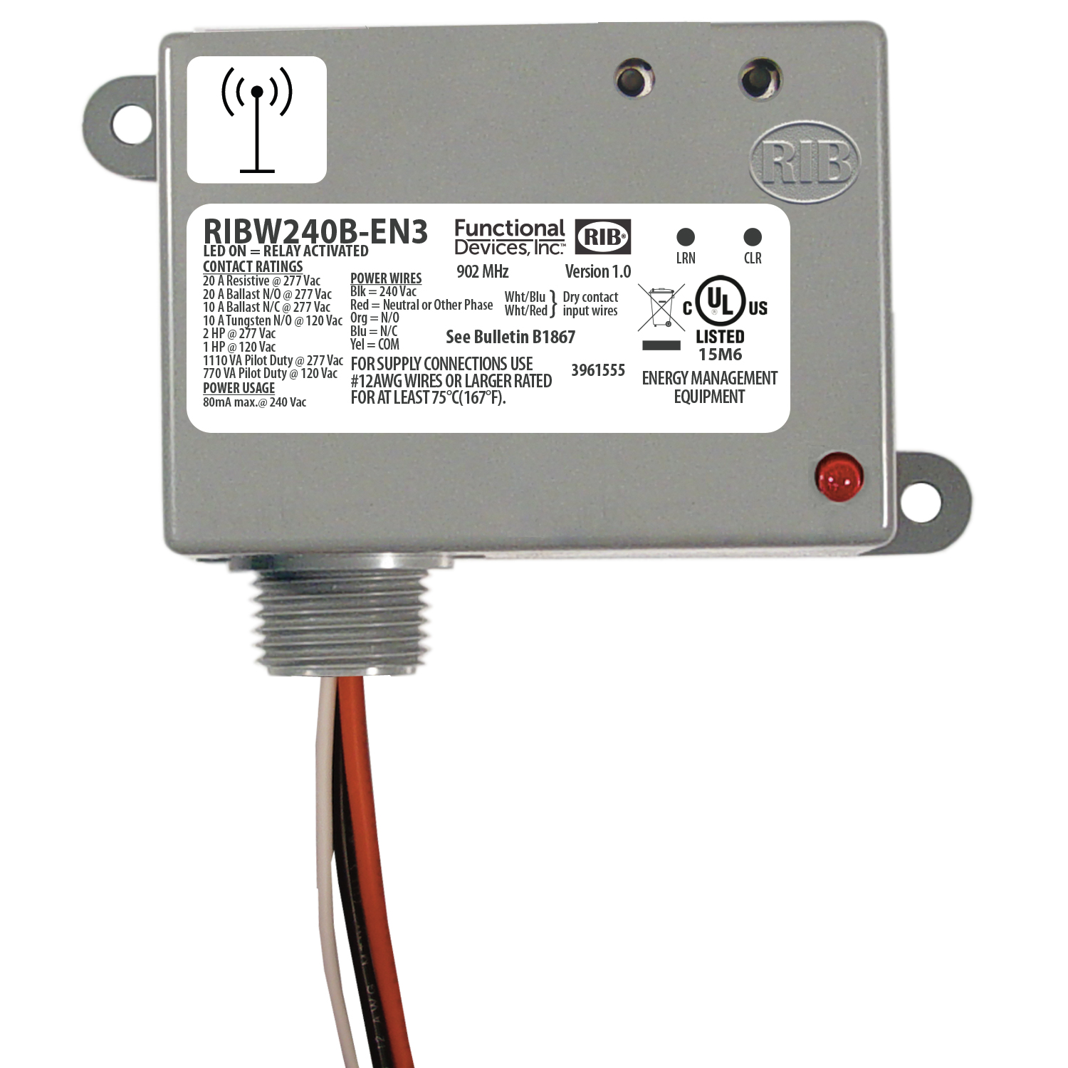 Wireless Relay Transceiver / Repeater 20 Amp, 240 Vac RIBW240BEN3