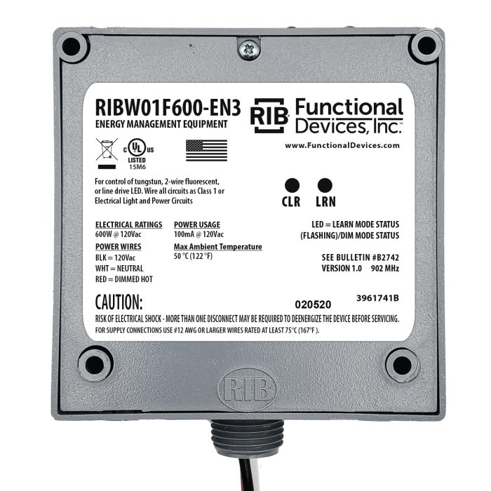 Wireless Phase Angle Dimmer, Receiver / Repeater: 600 Watt, 120 Vac – RIBW01F600-EN3