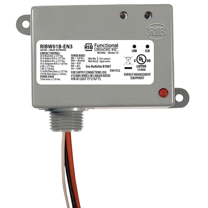 Wireless Relay Transceiver / Repeater: 20 Amp, 120 Vac – RIBW01B-EN3