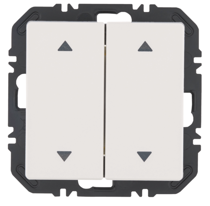 Enocean wall transmitter module with 2-way rocker switch with arrow symbol, Qx, polar white velvet