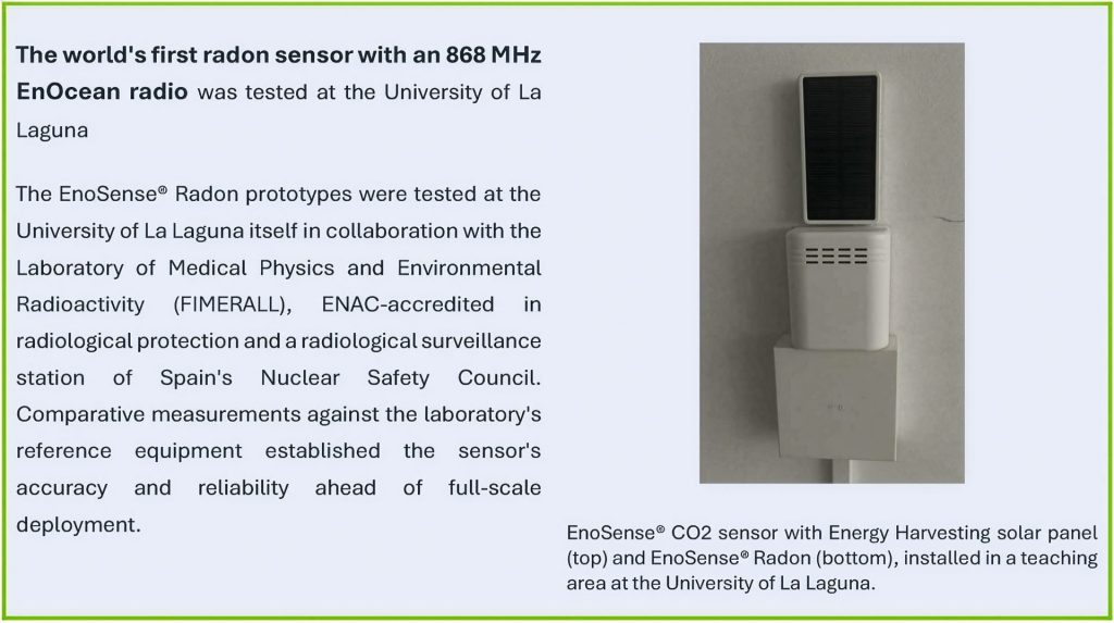EnoSense CO2 sensor with Energy Harvesting solar panel and EnoSense Radon sensor mounted on a wall in a teaching area at the University of La Laguna, where prototypes were validated against FIMERALL reference equipment ahead of full-scale deployment.
