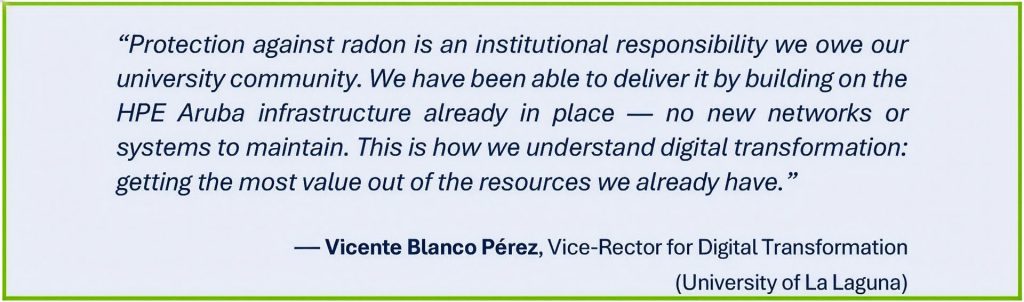 Quote from Vicente Blanco Pérez, Vice-Rector for Digital Transformation, University of La Laguna: "Protection against radon is an institutional responsibility we owe our university community. This is how we understand digital transformation: getting the most value out of the resources we already have."