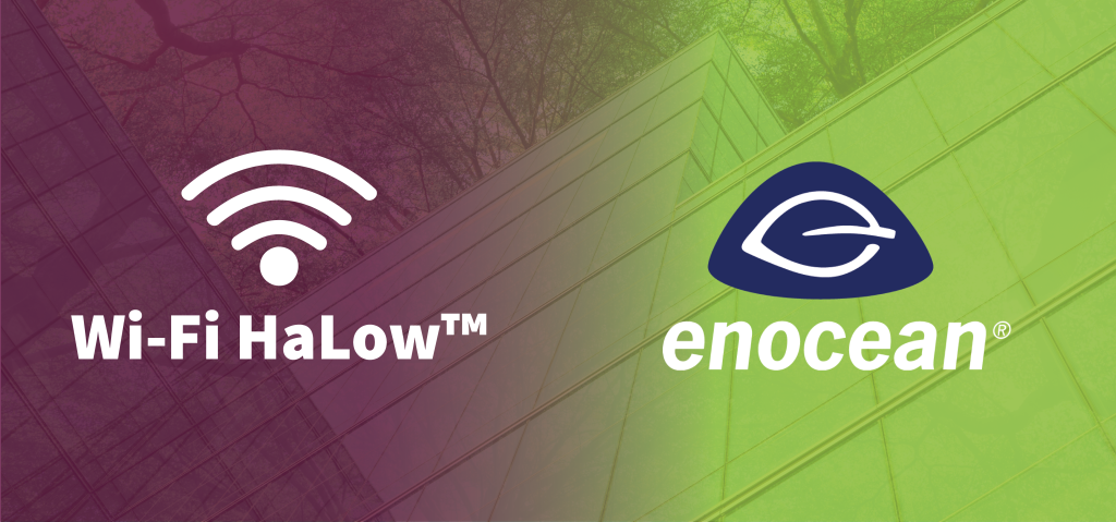Wi-Fi HaLow and EnOcean logos on a smart building background, representing wireless IoT technologies