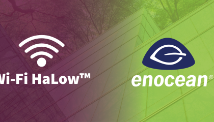 Wi-Fi HaLow and EnOcean logos on a smart building background, representing wireless IoT technologies