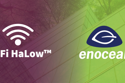 Featured images_Wifi Wi-Fi HaLow and EnOcean logos on a smart building background, representing wireless IoT technologies