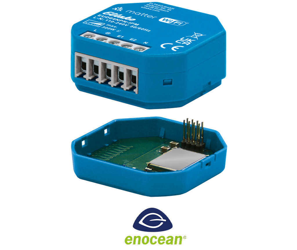 Universal dimmer for intelligent lighting control — Matter-compatible, works with the ELTAKO Connect app, and enhanced by an EnOcean plug-on adapter.
Image courtesy of ELTAKO.